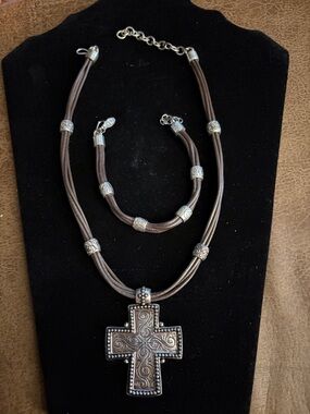 Premier Designs Brown Leather Cord Necklace with Ornate Cross Pendant